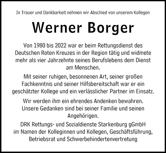 Traueranzeige von Werner Borger von Darmstädter Echo