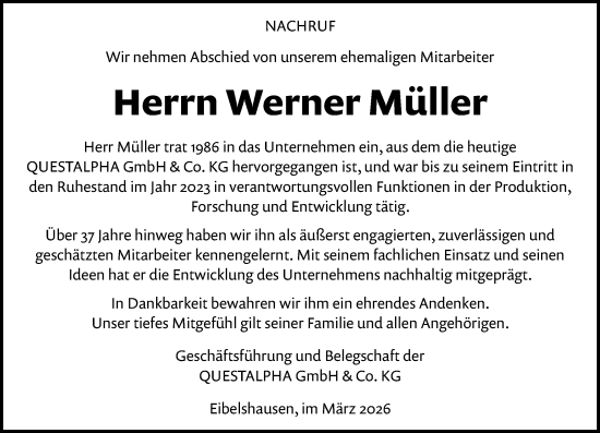Traueranzeige von Werner Müller von Dill Block