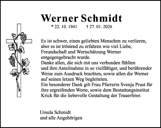 Traueranzeige von Werner Schmidt von Binger-/Ingelheimer Wochenblatt