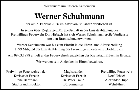 Traueranzeige von Werner Schuhmann von Odenwälder Echo