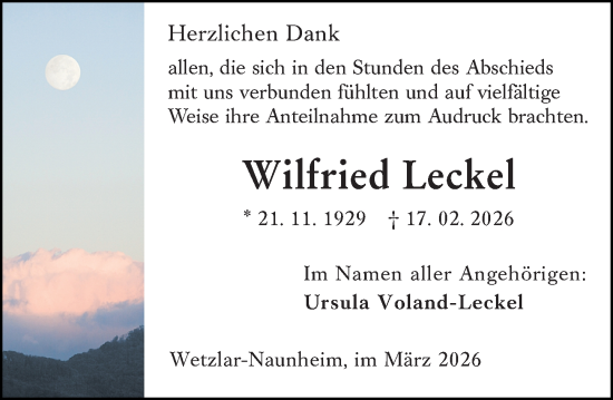 Traueranzeige von Wilfried Leckel von Wetzlarer Neue Zeitung