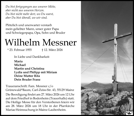 Traueranzeige von Wilhelm Messner von Allgemeine Zeitung Mainz