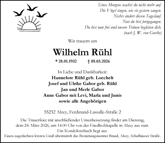 Traueranzeige von Wilhelm Rühl von Allgemeine Zeitung Alzey