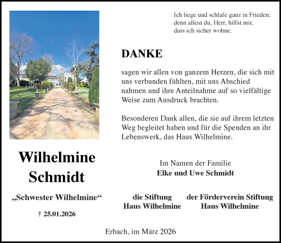 Traueranzeige von Wilhelmine Schmidt von Wiesbadener Kurier