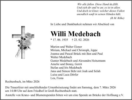Traueranzeige von Willi Medebach von Wetzlarer Neue Zeitung
