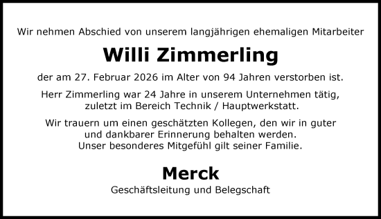 Traueranzeige von Willi Zimmerling von Darmstädter Echo