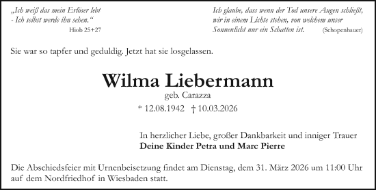 Traueranzeige von Wilma Liebermann von Darmstädter Echo