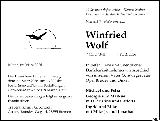 Traueranzeige von Winfried Wolf von Allgemeine Zeitung Mainz