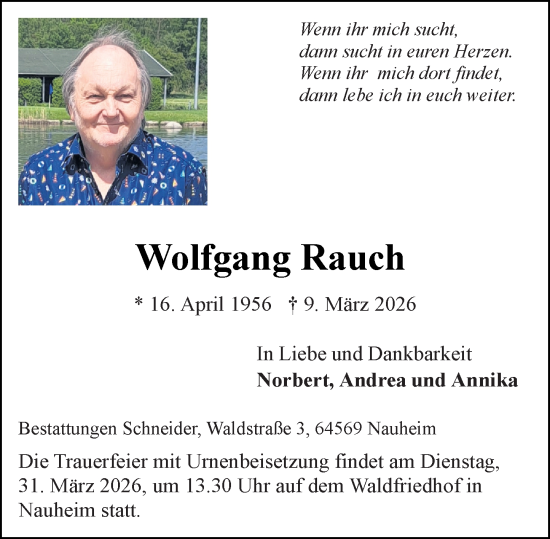 Traueranzeige von Wolfgang Rauch von Rüsselsheimer Echo