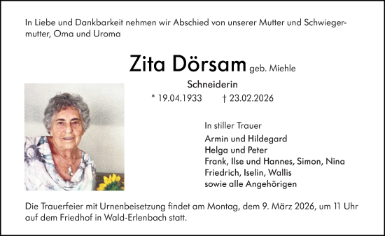 Traueranzeige von Zita Dörsam von Starkenburger Echo