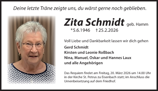Traueranzeige von Zita Schmidt von Camberger Anzeiger
