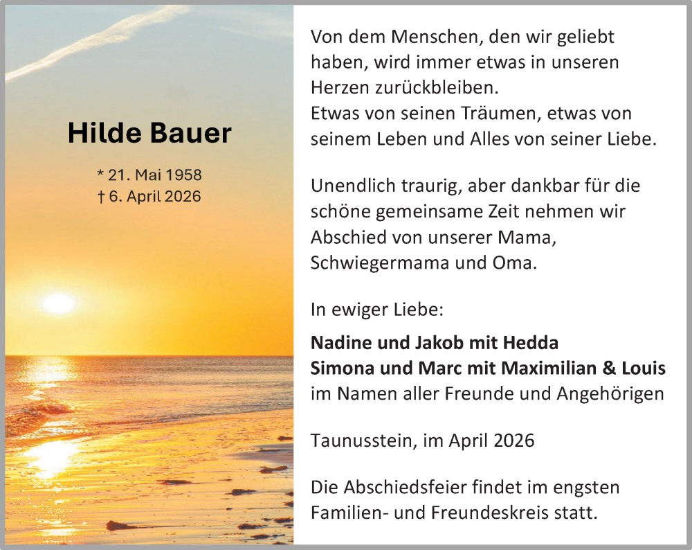  Traueranzeige für Hilde Bauer vom 25.04.2026 aus Wiesbadener Kurier 