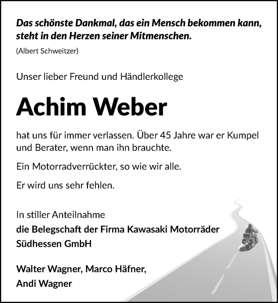 Traueranzeige von Achim Weber von Darmstädter Echo