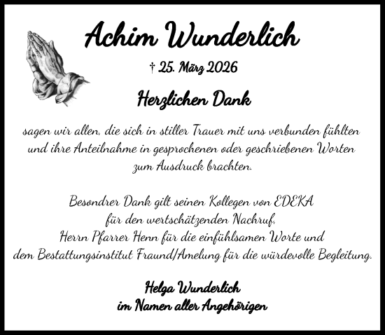 Traueranzeige von Achim Wunderlich von Wiesbadener Kurier