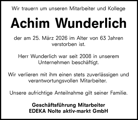 Traueranzeige von Achim Wunderlich von Wiesbadener Kurier