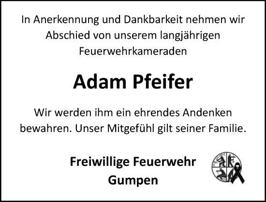 Traueranzeige von Adam Pfeifer von Odenwälder Echo