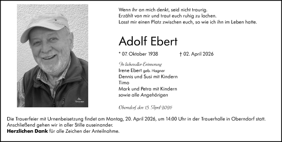 Traueranzeige von Adolf Ebert von Wetzlarer Neue Zeitung