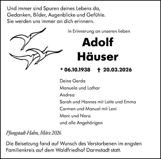 Traueranzeige von Adolf Häuser von Darmstädter Echo
