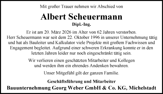 Traueranzeige von Albert Scheuermann von Odenwälder Echo