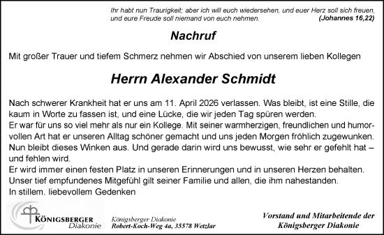 Traueranzeige von Alexander Schmidt von Wetzlarer Neue Zeitung