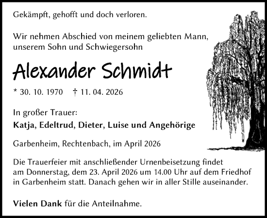 Traueranzeige von Alexander Schmidt von Wetzlarer Neue Zeitung