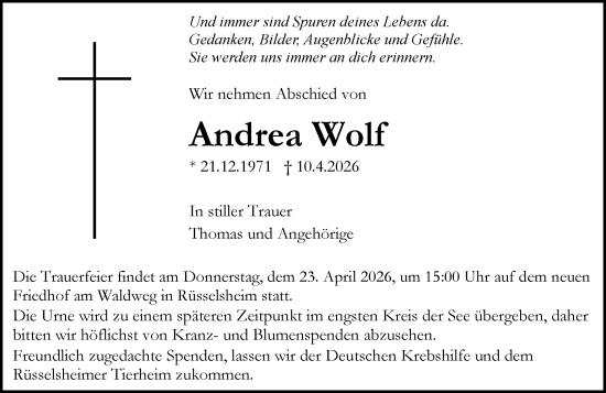 Traueranzeige von Andrea Wolf von Rüsselsheimer Echo