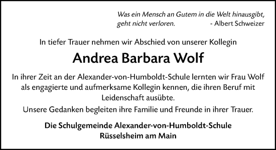 Traueranzeige von Andrea Barbara Wolf von Rüsselsheimer Echo