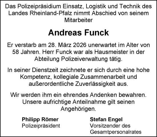 Traueranzeige von Andreas Funck von Allgemeine Zeitung Mainz
