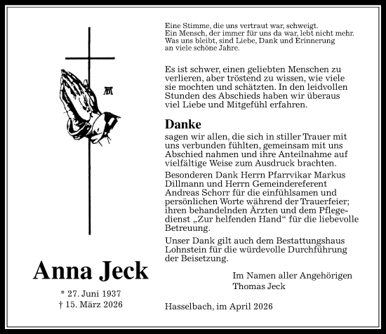 Traueranzeige von Anna Jeck von Camberger Anzeiger