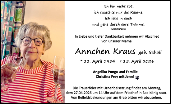 Traueranzeige von Annchen Kraus von Odenwälder Echo