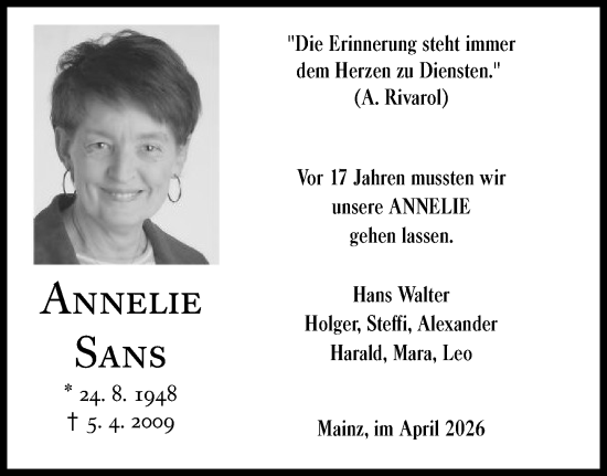 Traueranzeige von Annelie Sans von Allgemeine Zeitung Mainz