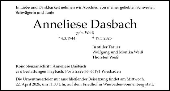 Traueranzeige von Anneliese Dasbach von Wiesbadener Kurier