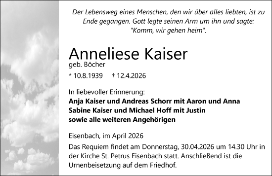 Traueranzeige von Anneliese Kaiser von Camberger Anzeiger
