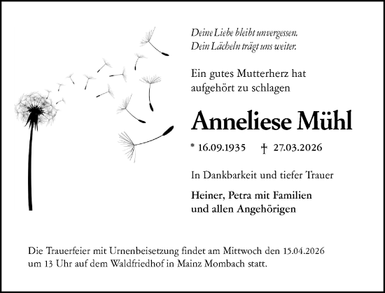 Traueranzeige von Anneliese Mühl von Allgemeine Zeitung Mainz