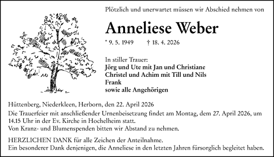 Traueranzeige von Anneliese Weber von Wetzlarer Neue Zeitung
