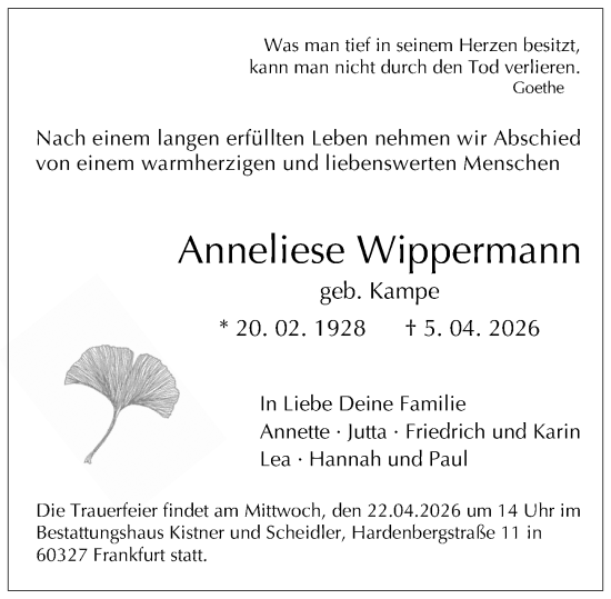 Traueranzeige von Anneliese Wippermann von Darmstädter Echo