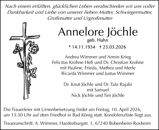 Traueranzeige von Annelore Jöchle von Odenwälder Echo