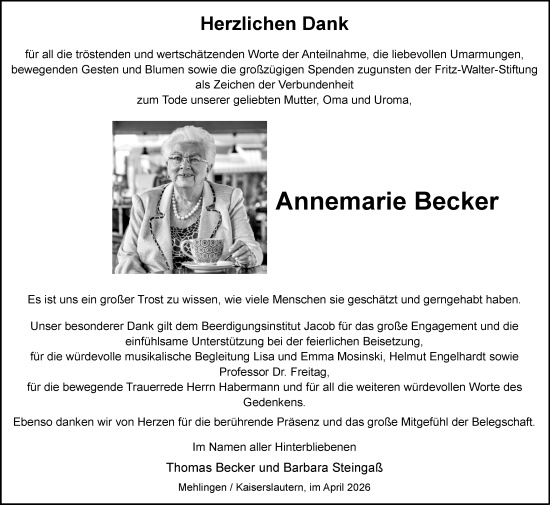 Traueranzeige von Annemarie Becker von Allgemeine Zeitung Alzey