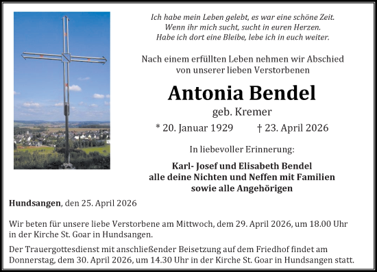 Traueranzeige von Antonia Bendel von Nassauische Neue Presse
