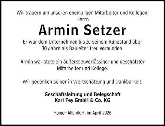Traueranzeige von Armin Setzer von Dill Block