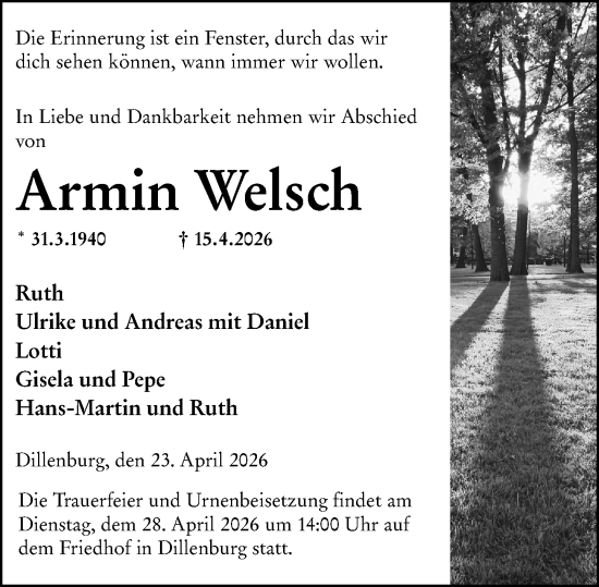 Traueranzeige von Armin Welsch von Dill Block