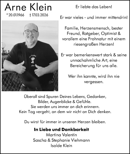 Traueranzeige von Arne Klein von Hinterländer Anzeiger