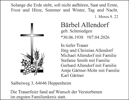 Traueranzeige von Bärbel Allendorf von Starkenburger Echo