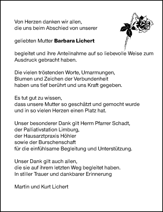 Traueranzeige von Barbara Lichert von Weilburger Tageblatt