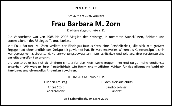 Traueranzeige von Barbara M. Zorn von Idsteiner Land/Untertaunus