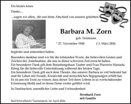 Traueranzeige von Barbara M. Zorn von Wiesbadener Kurier