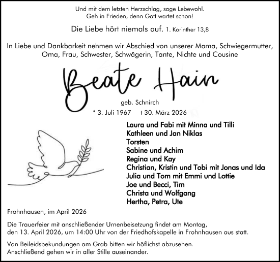 Traueranzeige von Beathe Hain von Dill Block
