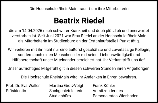 Traueranzeige von Beatrix Riedel von Rüsselsheimer Echo