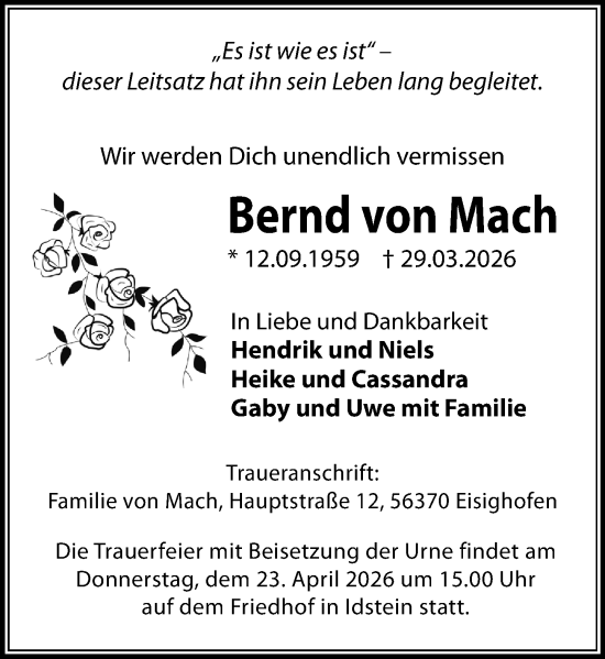 Traueranzeige von Bernd von Mach von Idsteiner Land/Untertaunus