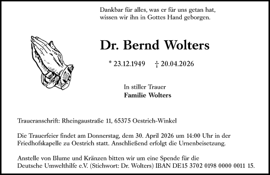 Traueranzeige von Bernd Wolters von Wiesbadener Kurier